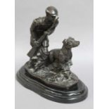 After Pierre Jules Mene, a patinated bronze figure of a gamekeeper and hound raised on a marble