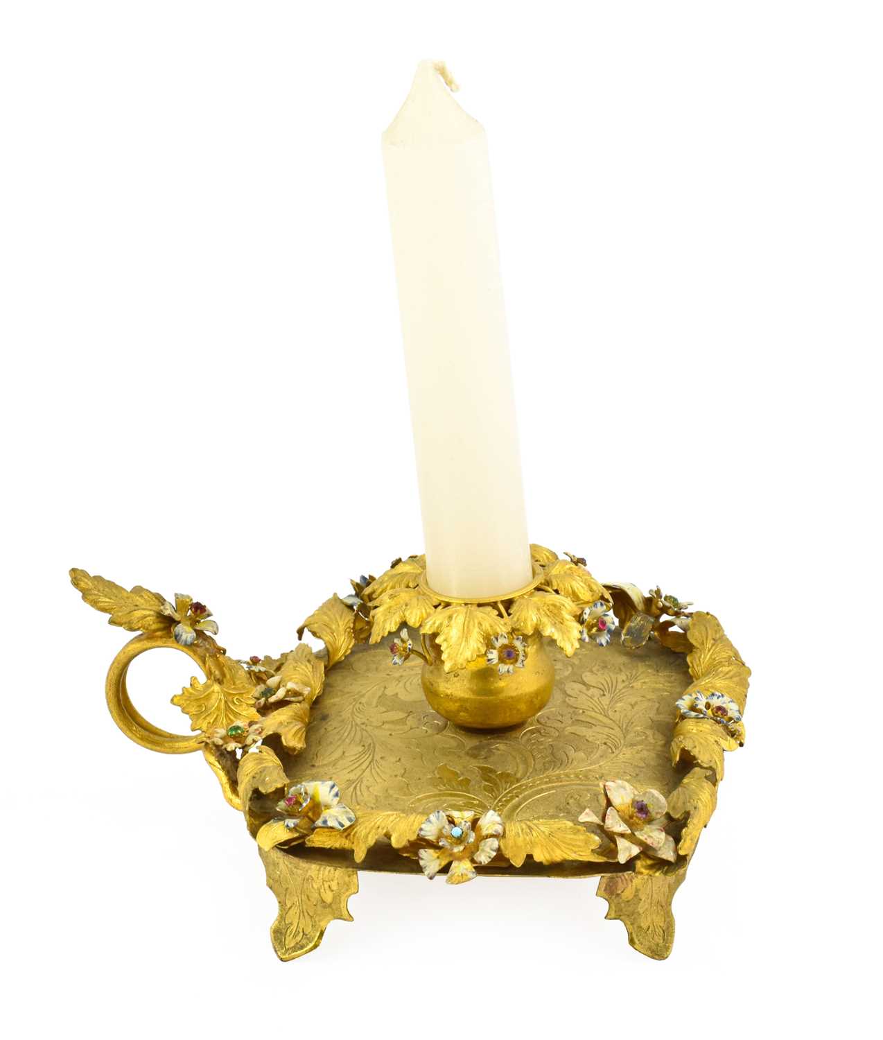A Gilt Metal and Enamel Chamberstick, 19th century, on a square base,12.5cm longSconce and handle