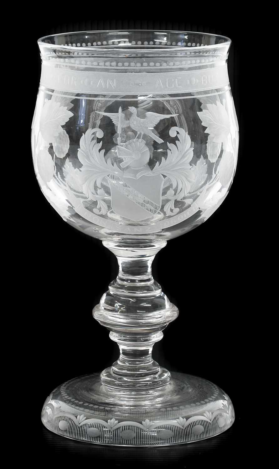 A Glass Goblet, 19th century, the tulip shaped bowl engraved with a bust portrait of William