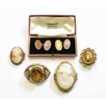 A Pair of 9 Carat Gold Cufflinks; A Victorian Brooch, unmarked, length 3.8cm; and Three Further