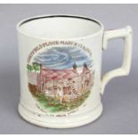 A Pottery Mug, inscribed Sheffield Flood March 12th 1864, the ruins of Malin Bridge Inn, depicted in