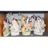 Ten Large Victorian Staffordshire Pottery Figures, including a mounted Highlander with deer,