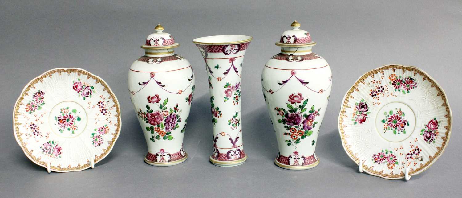 A Garniture of Three Samson Porcelain Vases in Chinese Style, painted in famille rose enamels with