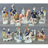 Fourteen Victorian Staffordshire Pottery Figures, including Mounted Jockey, Princess Royal and