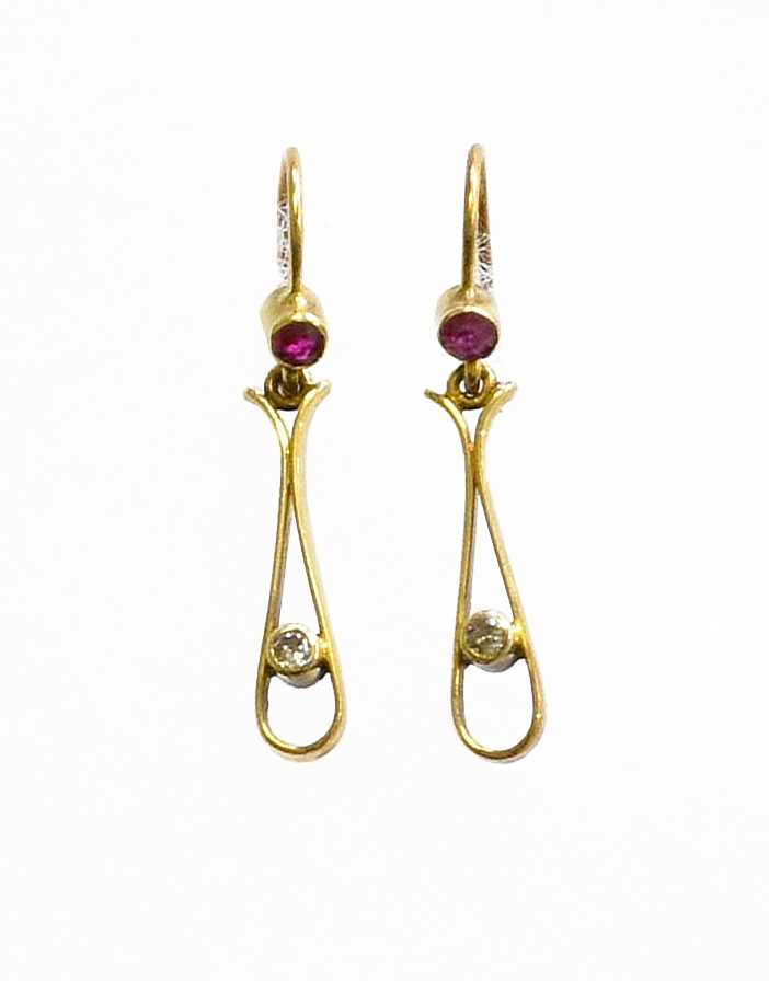 A Pair of Synthetic Ruby and Diamond Drop Earrings, unmarked, with hook fittings, length 3.3cm (a.