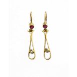 A Pair of Synthetic Ruby and Diamond Drop Earrings, unmarked, with hook fittings, length 3.3cm (a.
