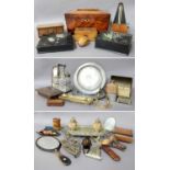 A Quantity of Assorted Metal Wares and Treen, including a Mauchlinware money box; lacquered papier