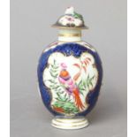 A Worcester Porcelain Tea Canister and Cover, circa 1775, of ovoid form, painted with exotic birds