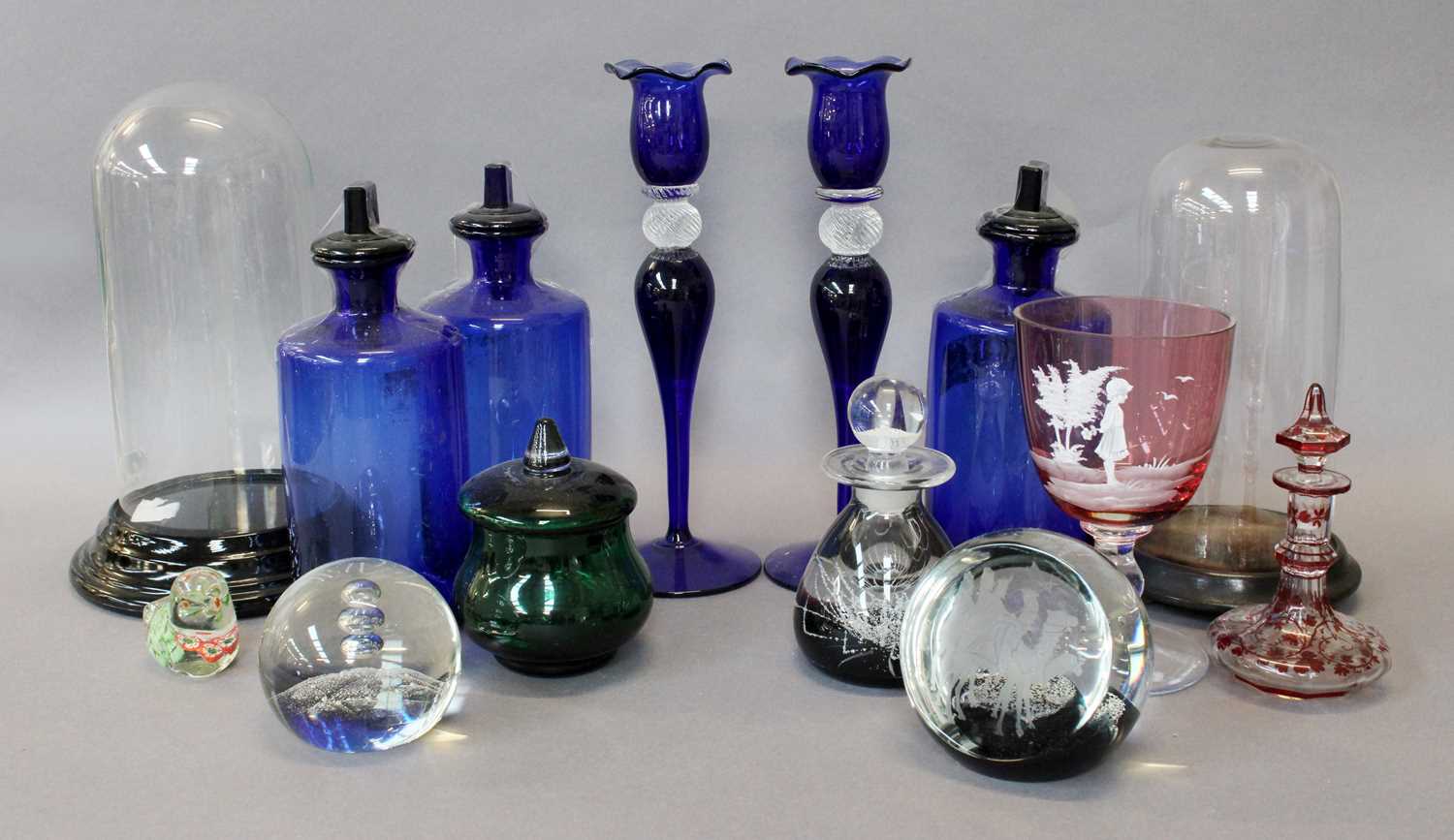 A Mixed Quantity of Glassware, including three domes on plinths; blue apothecary jars; three - Image 2 of 4