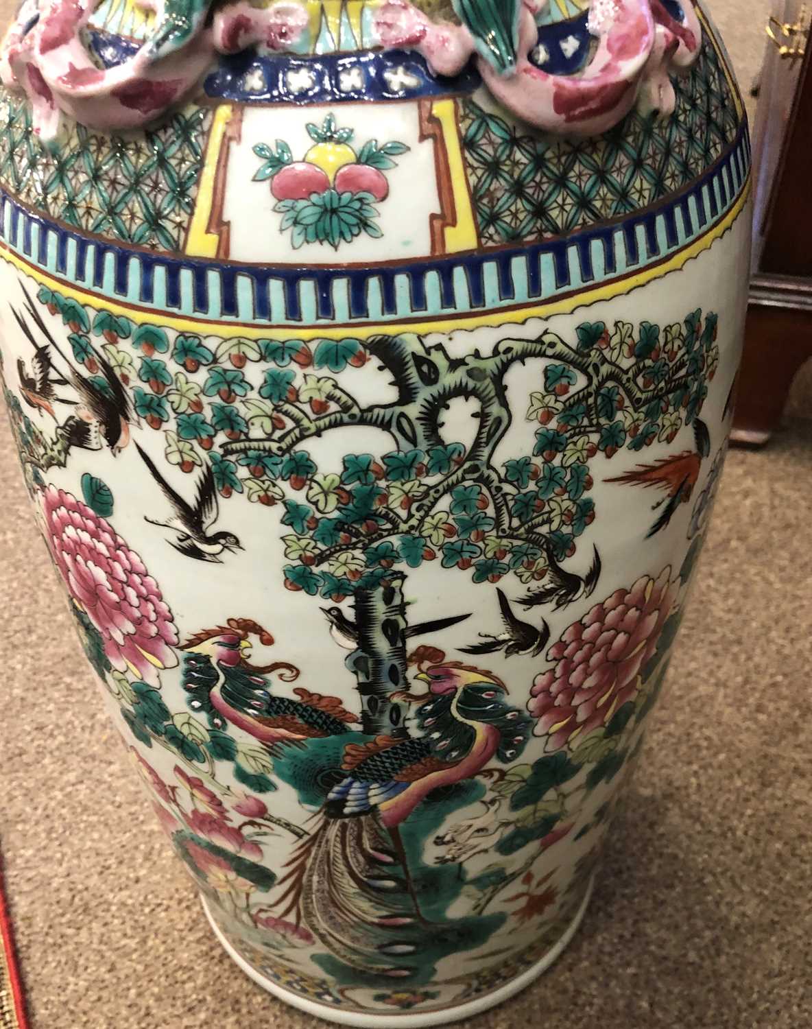 A Chinese Porcelain Vase, mid 19th century, of baluster form, the trumpet neck applied with mythical - Image 3 of 12