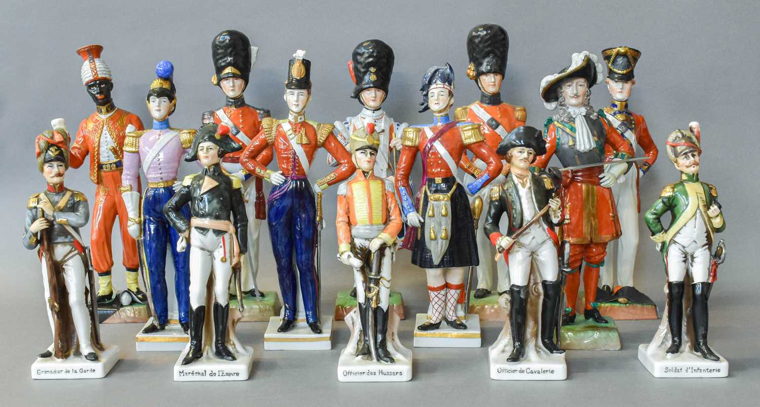 A Set of Six Dresden Porcelain Figures, 20th century, figures in military dress; together with three