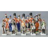 A Set of Six Dresden Porcelain Figures, 20th century, figures in military dress; together with three