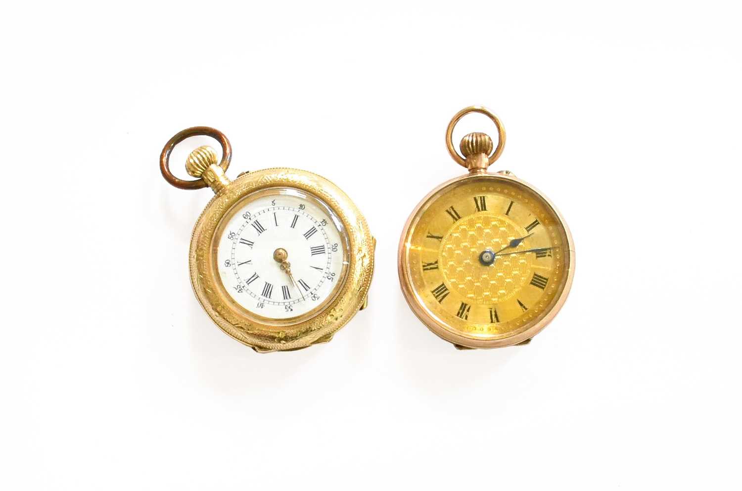 A Lady's 14 Carat Gold and Enamel Fob Watch, case stamped 0.585, and a Lady's 9 Carat Gold Fob