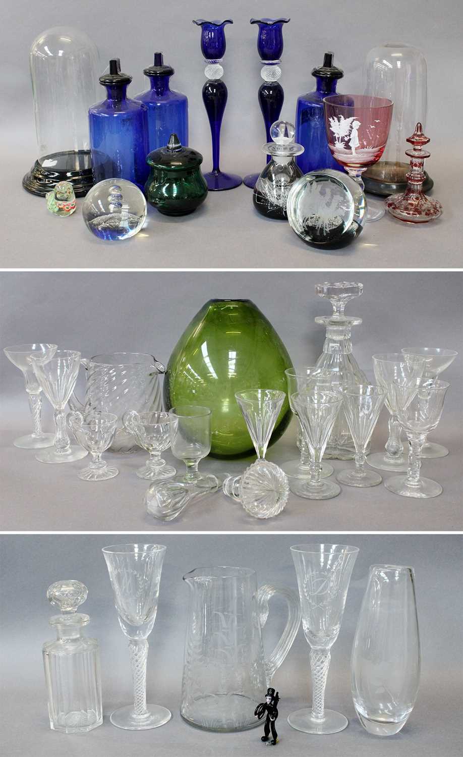 A Mixed Quantity of Glassware, including three domes on plinths; blue apothecary jars; three