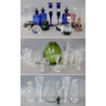 A Mixed Quantity of Glassware, including three domes on plinths; blue apothecary jars; three