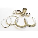 A Quantity of Silver and White Metal Jewellery, including hinged bangles, cuff bangles, torque