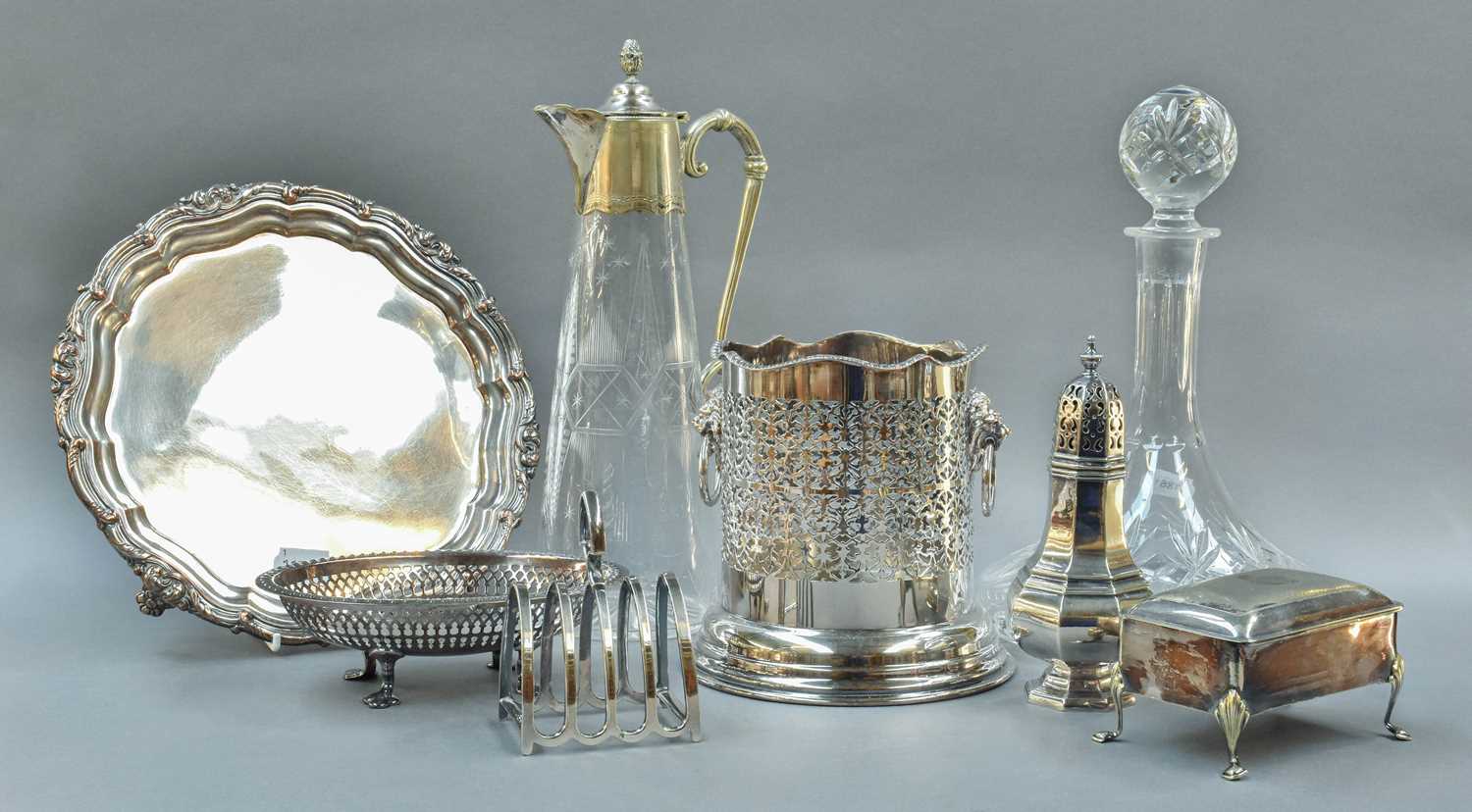 A Silver Mounted Cut Glass Decanter and Silver Plated Items