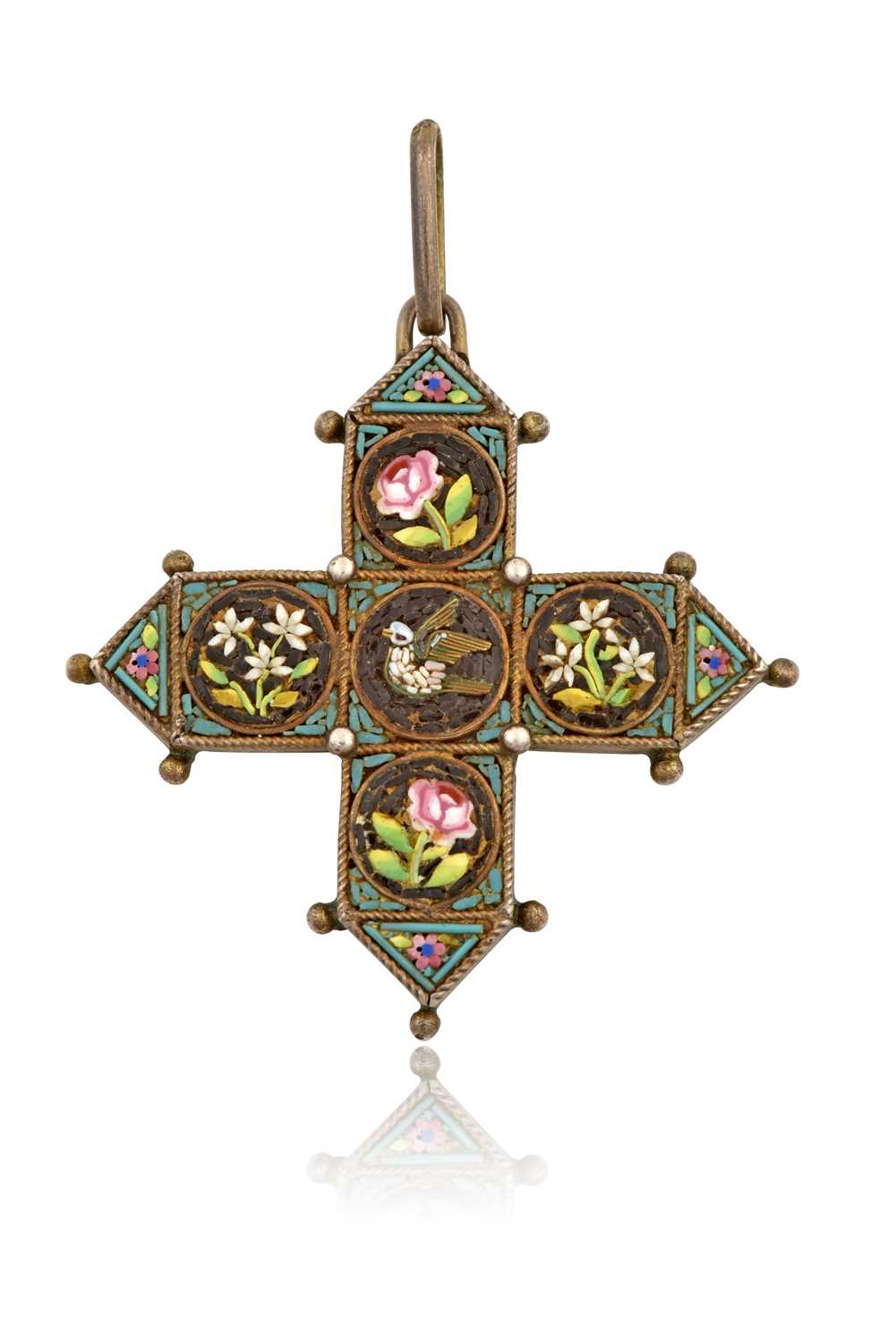 A Victorian Micro Mosaic Pendant, the cross motif depicting a bird and foliage, in white rope