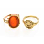 A 9 Carat Gold Signet Ring, finger size P1/2; and A Cornelian Intaglio Ring, unmarked, finger size