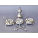 A Collection of George II and George II Silver Condiment Items, comprising: three similar salt-