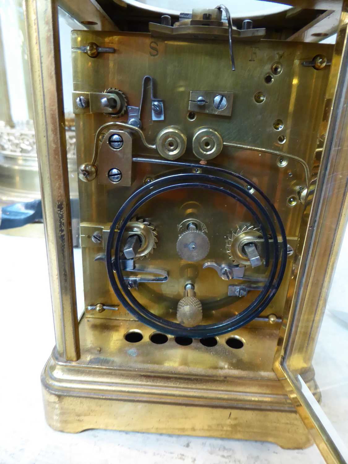 A Brass Strike and Repeat Alarm Carriage Clock, circa 1900, 18cm high over handleMovement in going - Image 2 of 3