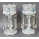 A Pair of Victorian Opaque Glass Table Lustres, enameled with flowers, 29.5cm