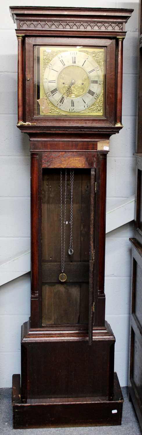 An Oak Thirty Hour Longcase Clock, 12" square brass dial with silvered chapter ring, signed Helm,