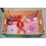 A Pink Vaseline Glass Light Shade, epergne parts, cranberry glass, etc (one box)