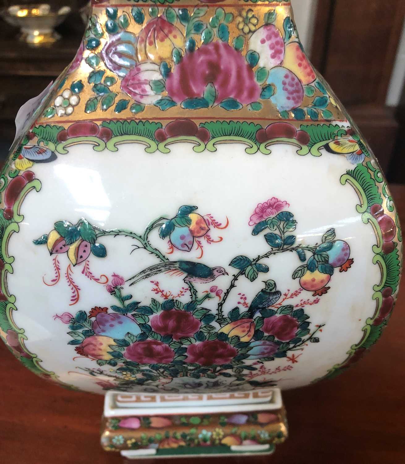 A Cantonese Porcelain Square Formed Vase on Stand, with mask handles and painted in famille rose - Image 8 of 8