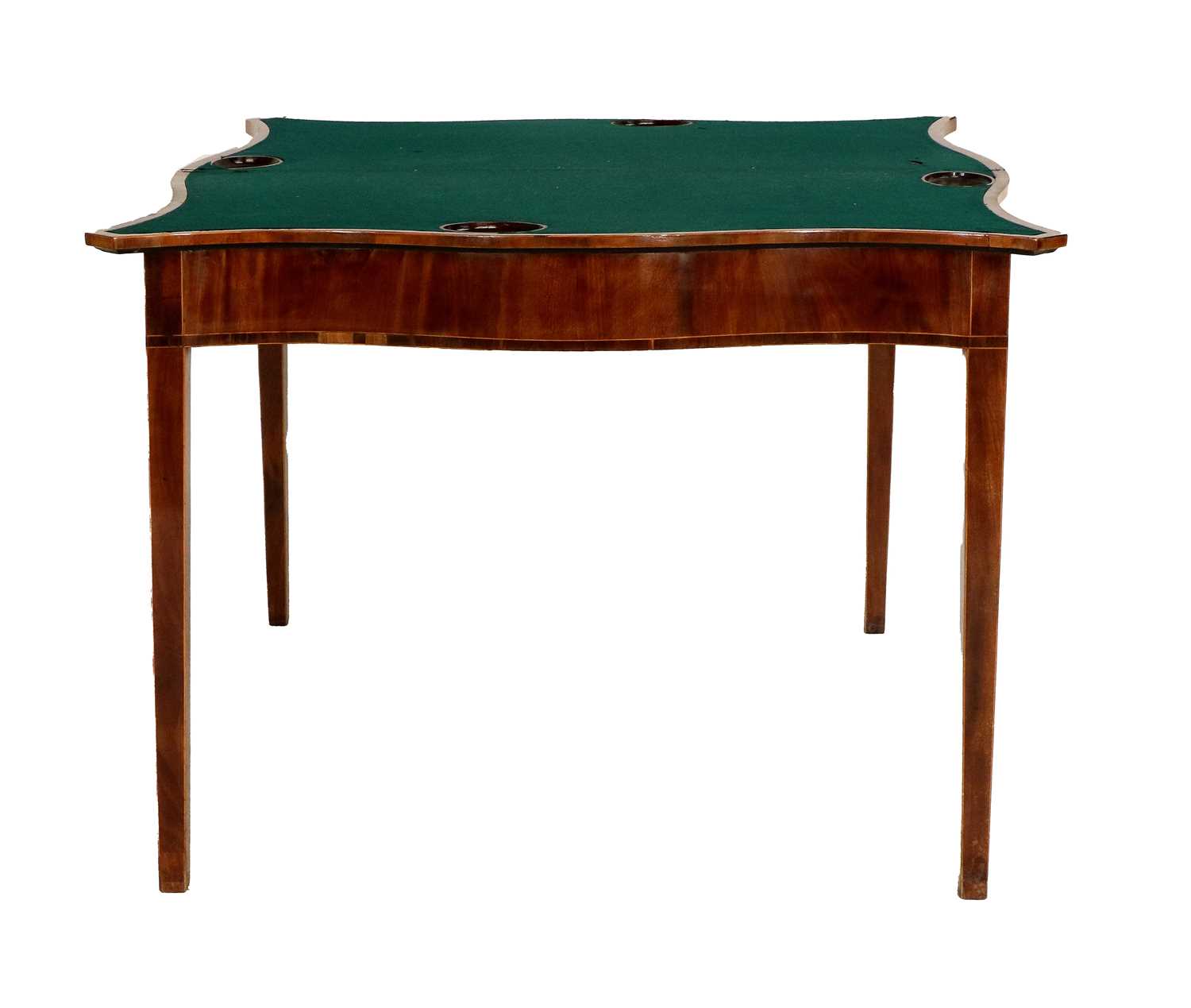 A George III Mahogany, Rosewood-Crossbanded and Marquetry-Inlaid Serpentine-Shape Card Table, late - Image 2 of 2