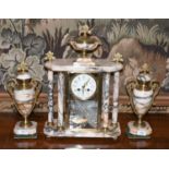 A Marble Portico Striking Mantel Clock, with urn-shaped garniture, 47cm high, the garniture 32cm