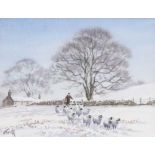 George 'Griff' Griffiths (British 1939-2017)Shepherd, sheepdog and flock in a snowbound