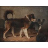 British School (19th Century) A stand-off between two dogs in a barn Oil on canvas, 75cm by 99.5cm