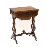 A 19th century French Burr Walnut Work Table, with moulded scalloped rectangular top, hinging to