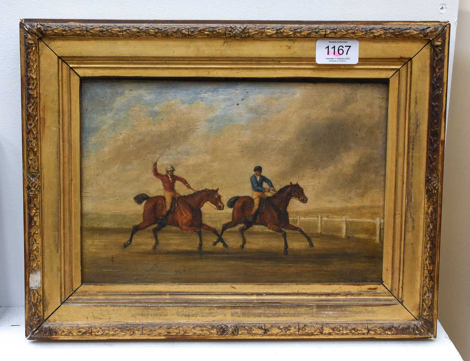 British School (19th century) Horse racing scene Initialled AF, oil on panel, 19cm by 28cm - Image 2 of 2