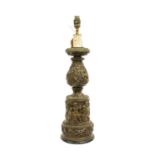 A French Bronze Lamp Base, in Renaissance style, with circular drip pan, baluster stem and drum