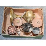 A Victorian Copper Jelly Mould, Temple & Crown Ironmongers, a small copper saucepan and cover by the