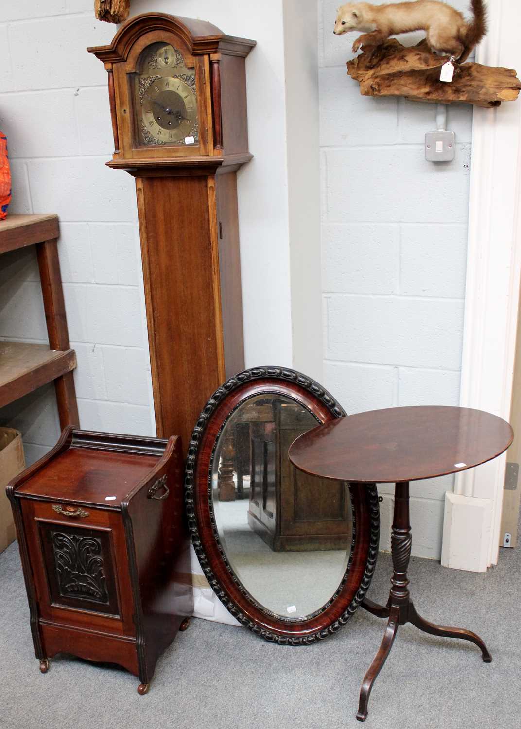 A Small Chiming Longcase Clock, together with a mirror, a purdonium and a tripod table (4)