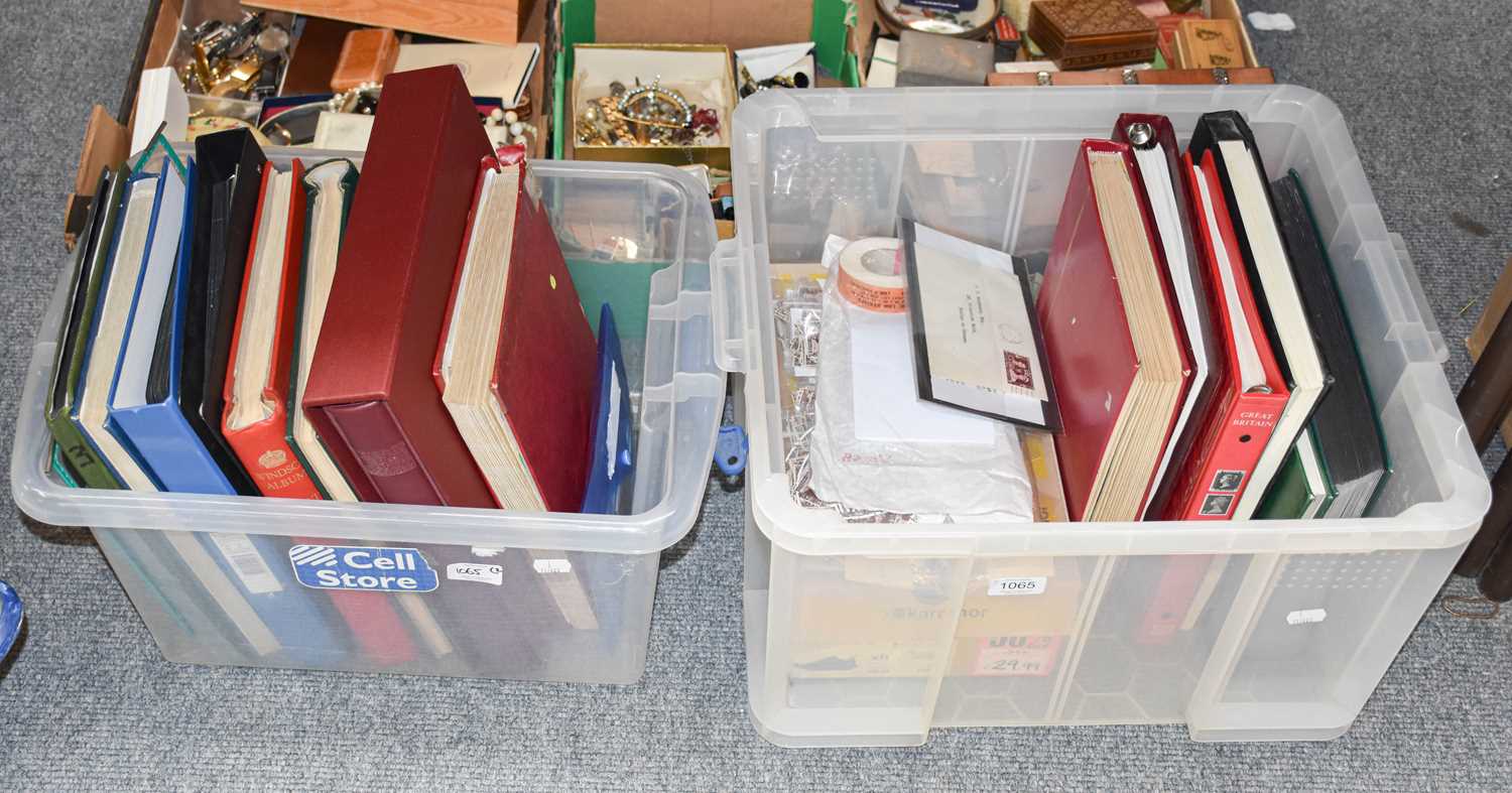 Great Britain, two plastic containers holding a dozen vols. of mostly used stamps, also noted a