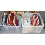 Great Britain, two plastic containers holding a dozen vols. of mostly used stamps, also noted a