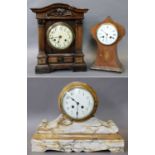 A French Marble Striking Mantel Clock, an Edwardian mahogany striking mantel clock and another