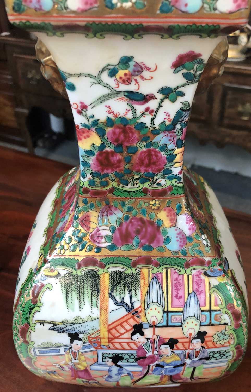 A Cantonese Porcelain Square Formed Vase on Stand, with mask handles and painted in famille rose - Image 4 of 8