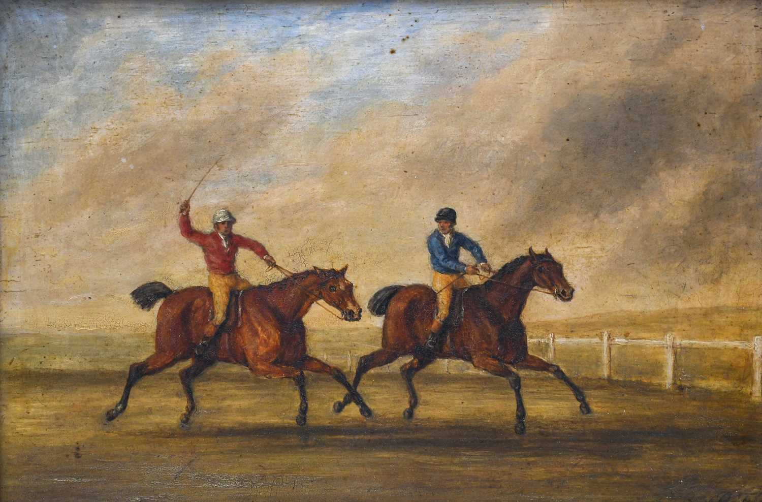 British School (19th century) Horse racing scene Initialled AF, oil on panel, 19cm by 28cm