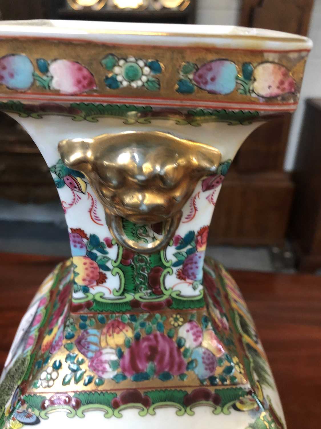 A Cantonese Porcelain Square Formed Vase on Stand, with mask handles and painted in famille rose - Image 3 of 8