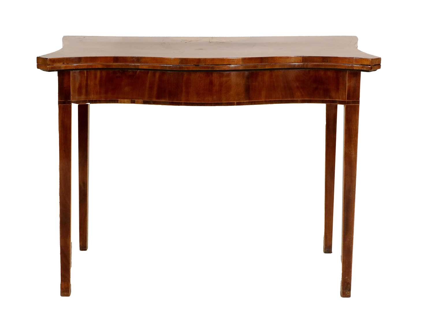 A George III Mahogany, Rosewood-Crossbanded and Marquetry-Inlaid Serpentine-Shape Card Table, late