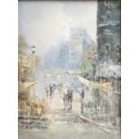 Italian SchoolPortrait of a girlTwo modern oil seascapes, Spanish street scene oil, lithograph of