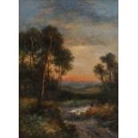 William Langley (1852-1922)Shepherd and flock in an extensive landscape at sunset Signed, oil on