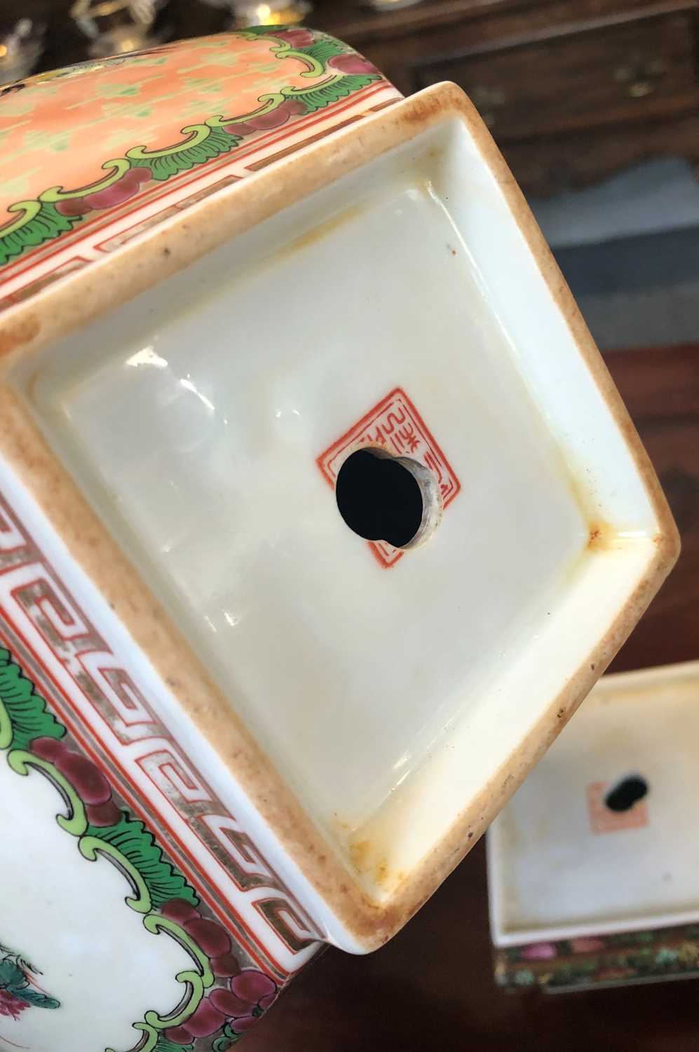 A Cantonese Porcelain Square Formed Vase on Stand, with mask handles and painted in famille rose - Image 2 of 8