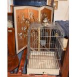 A Wirework Birdcage, 45cm square by 80cm and A Japanese Painted Four-Fold Silk Screen, decorated