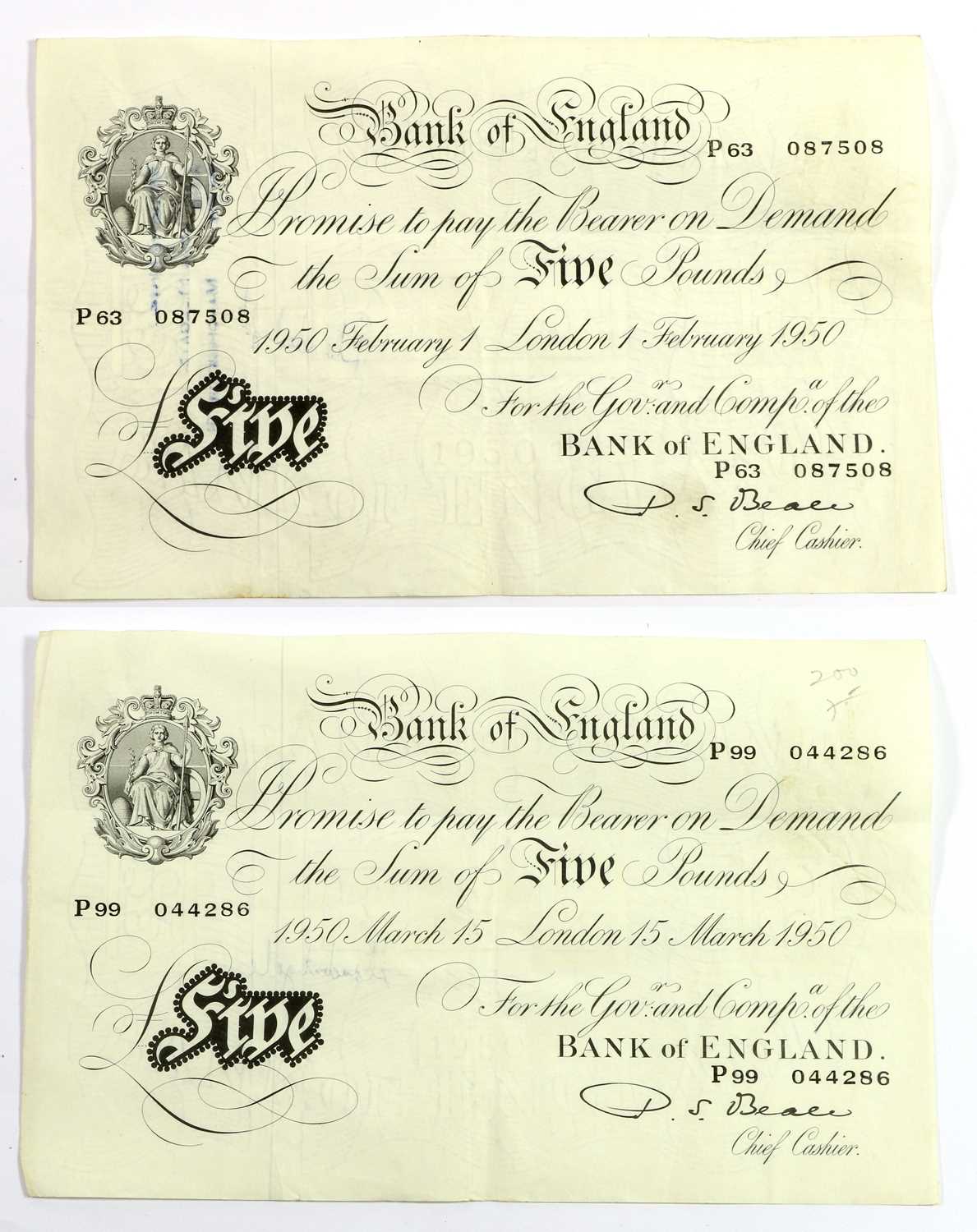 2 x Bank of England, White Five Pounds 1950, both signed Beale and dated London 1st February and